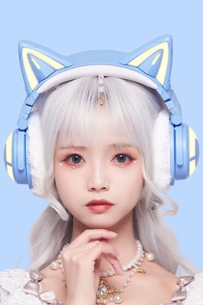 YOWU Cat Ear Headphones CE, Wired/Wireless Headphones with Seamless Live Sound Experience for PC/PE/Switch, Built-in Mic & Customizable RGB Light Effect for Anime Lovers(White)