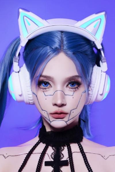 YOWU Cat Ear Headphones CE, Wired/Wireless Blue Gaming Headsets with Seamless Live Sound Experience for PC/PE/Switch/PS4/PS5, Built-in Mic & Customizable RGB Light Effect for Anime Lovers