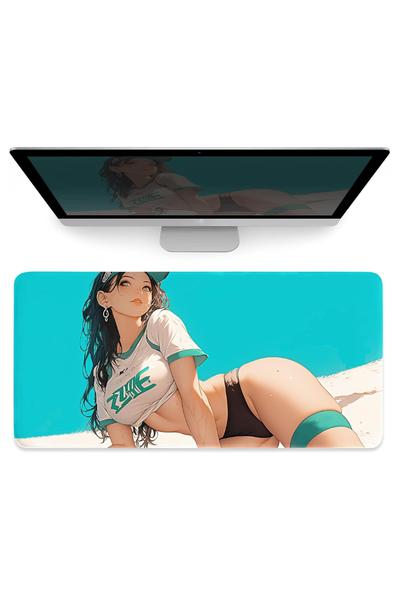Custom Beach Anime Sexy Girl Large Mouse Pad XL, Japanese Sport Girl Gaming Pad, Large Keyboard Mats XXL, Office Laptop PC Accessories, 4mm Thick Non-Slip Big Desk Mat, 80x40cm 31″x16″