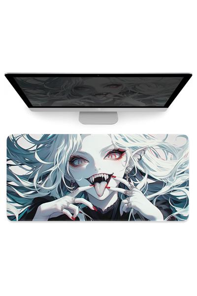 Fantasy White Vampire Girl Large Mouse Pad XL, Drak Fantasy Japanese Anime Gaming Mat, Full Desk Mouse Pad, Office Laptop Desktop Mat, 4mm Thick Non-Slip Desk Pad, 80x40cm 31″x16″